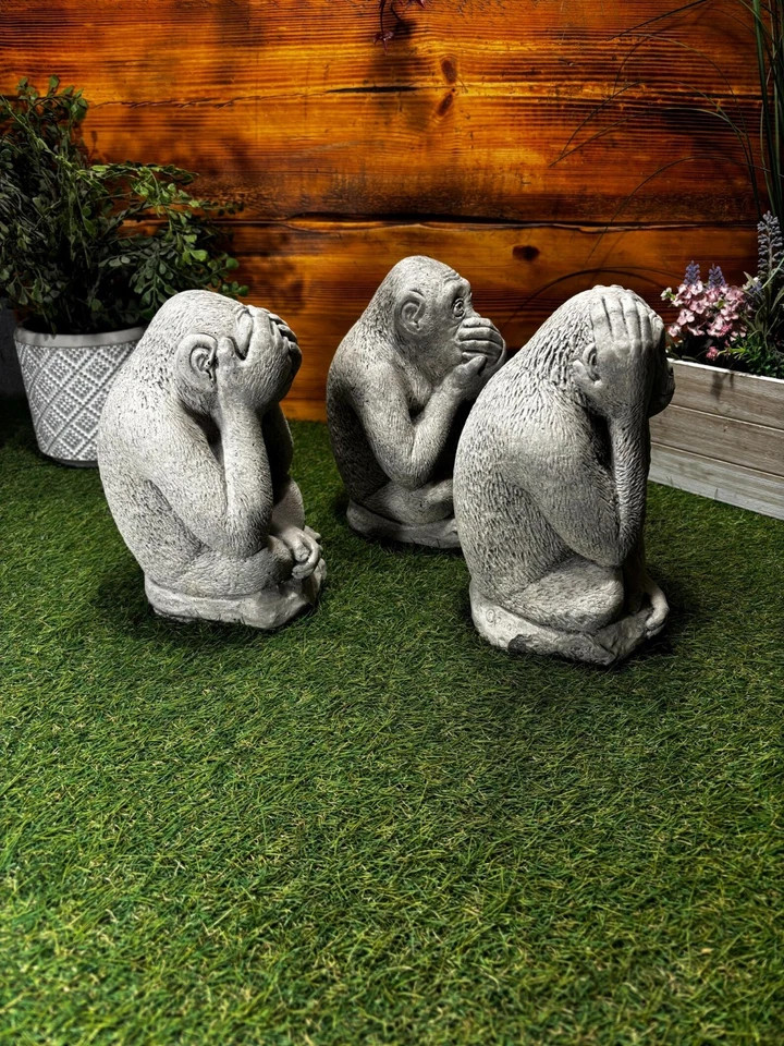 STONE GARDEN SET OF 3 MONKEY CHIMPS SEE HEAR SPEAK NO EVIL ORNAMENTS