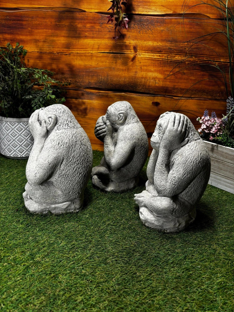 STONE GARDEN SET OF 3 MONKEY CHIMPS SEE HEAR SPEAK NO EVIL ORNAMENTS