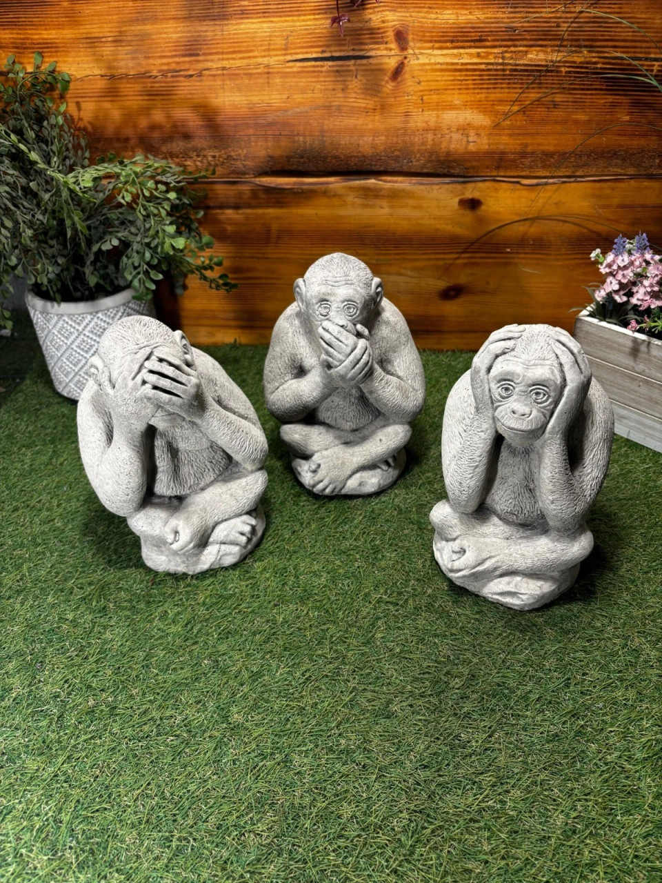 STONE GARDEN SET OF 3 MONKEY CHIMPS SEE HEAR SPEAK NO EVIL ORNAMENTS