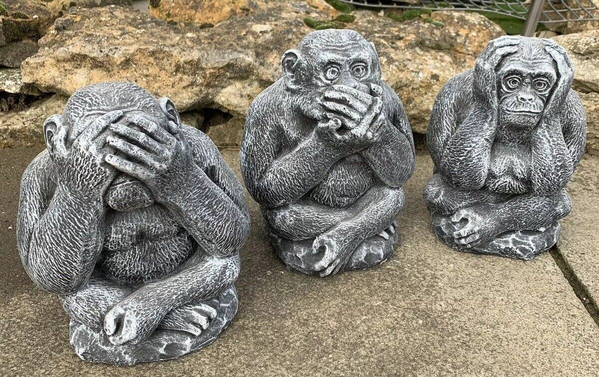 STONE GARDEN SET OF 3 MONKEY CHIMPS SEE HEAR SPEAK NO EVIL ORNAMENTS