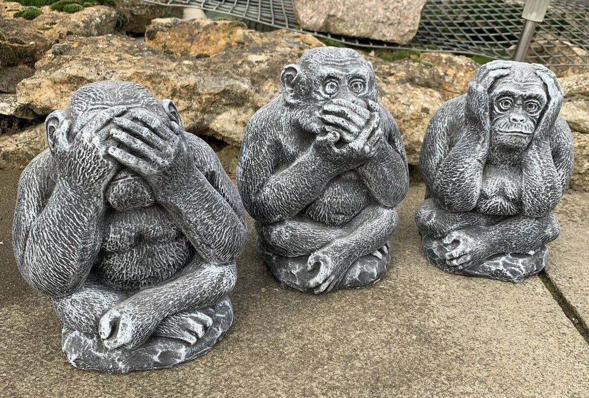 STONE GARDEN SET OF 3 MONKEY CHIMPS SEE HEAR SPEAK NO EVIL ORNAMENTS