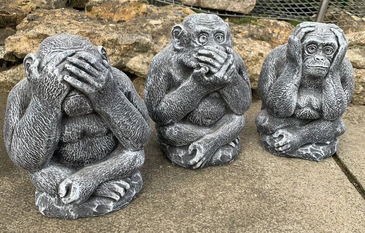 STONE GARDEN SET OF 3 MONKEY CHIMPS SEE HEAR SPEAK NO EVIL ORNAMENTS