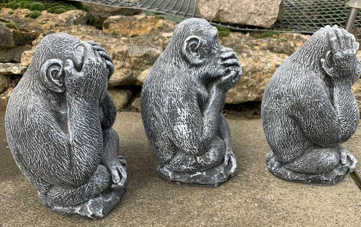 STONE GARDEN SET OF 3 MONKEY CHIMPS SEE HEAR SPEAK NO EVIL ORNAMENTS