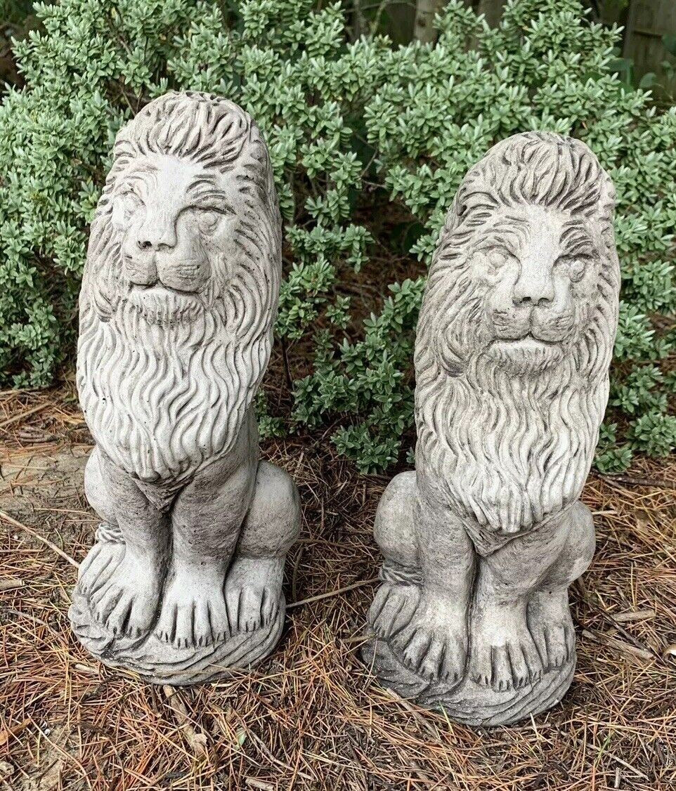 STONE GARDEN PAIR OF TALL SITTING PROUD LION ORNAMENTS