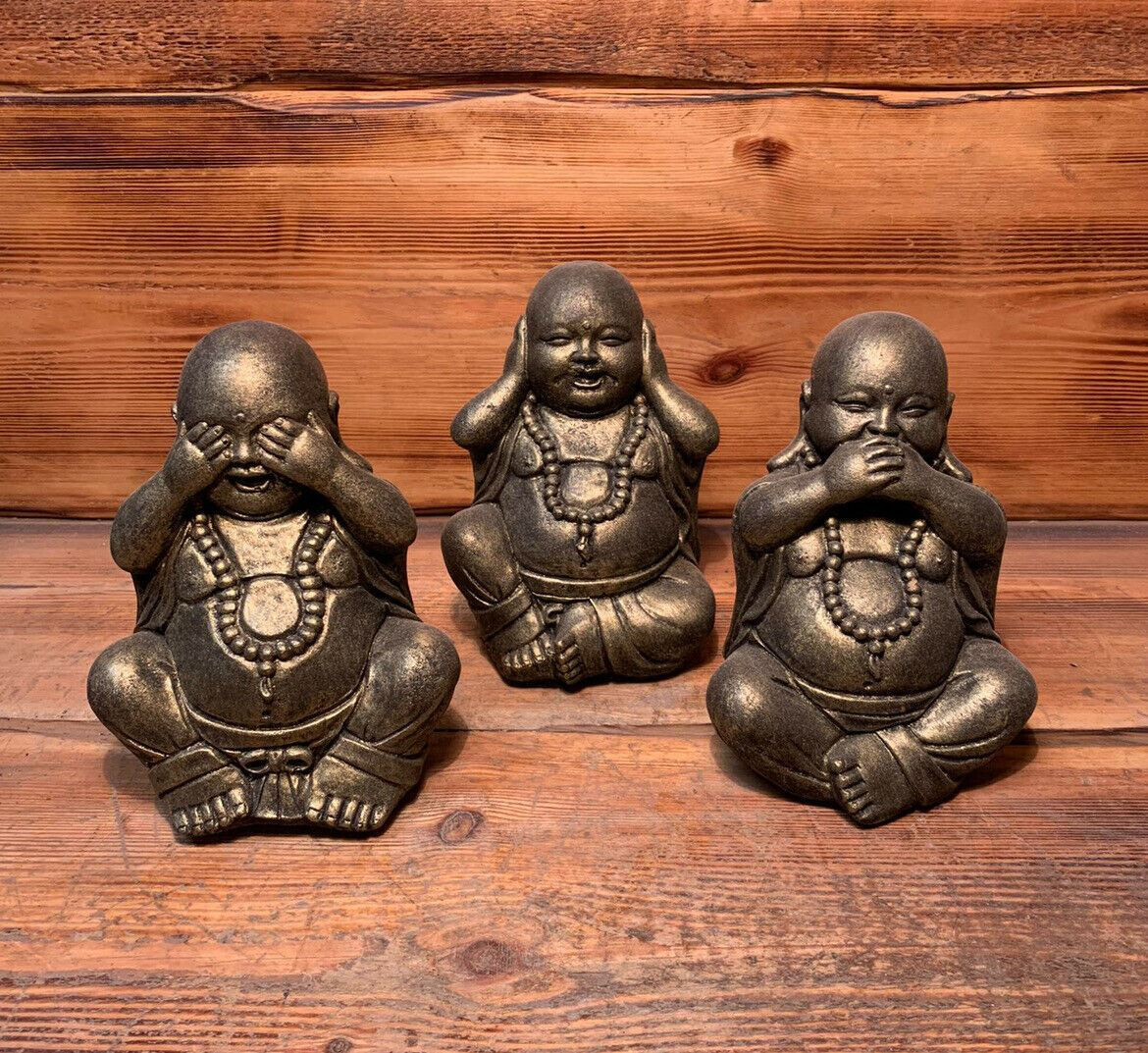 STONE GARDEN SET OF 3 GOLD HAPPY BUDDHA SEE HEAR SPEAK NO EVIL ORNAMENT