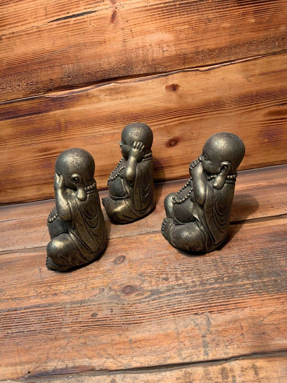 STONE GARDEN SET OF 3 GOLD HAPPY BUDDHA SEE HEAR SPEAK NO EVIL ORNAMENT