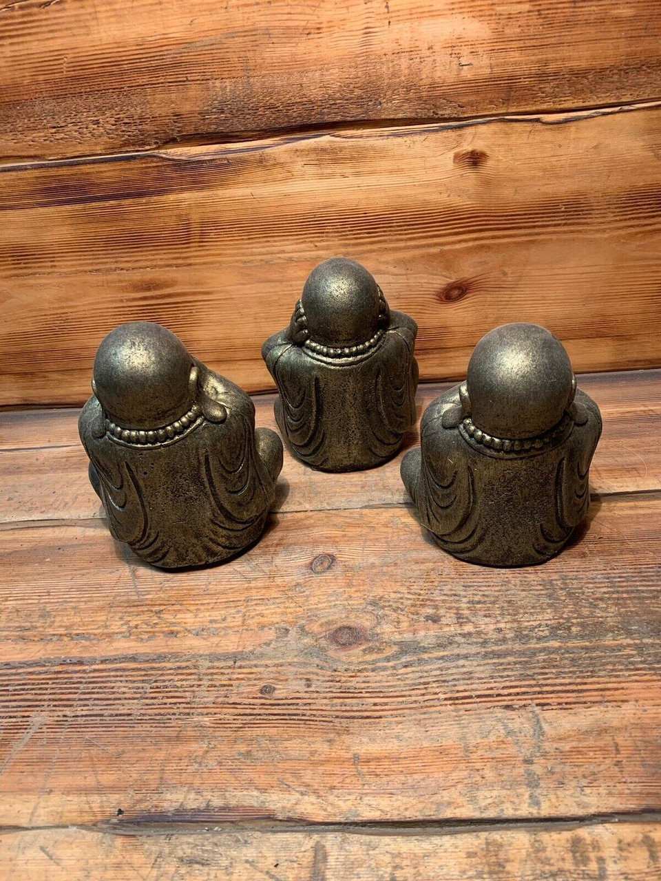 STONE GARDEN SET OF 3 GOLD HAPPY BUDDHA SEE HEAR SPEAK NO EVIL ORNAMENT