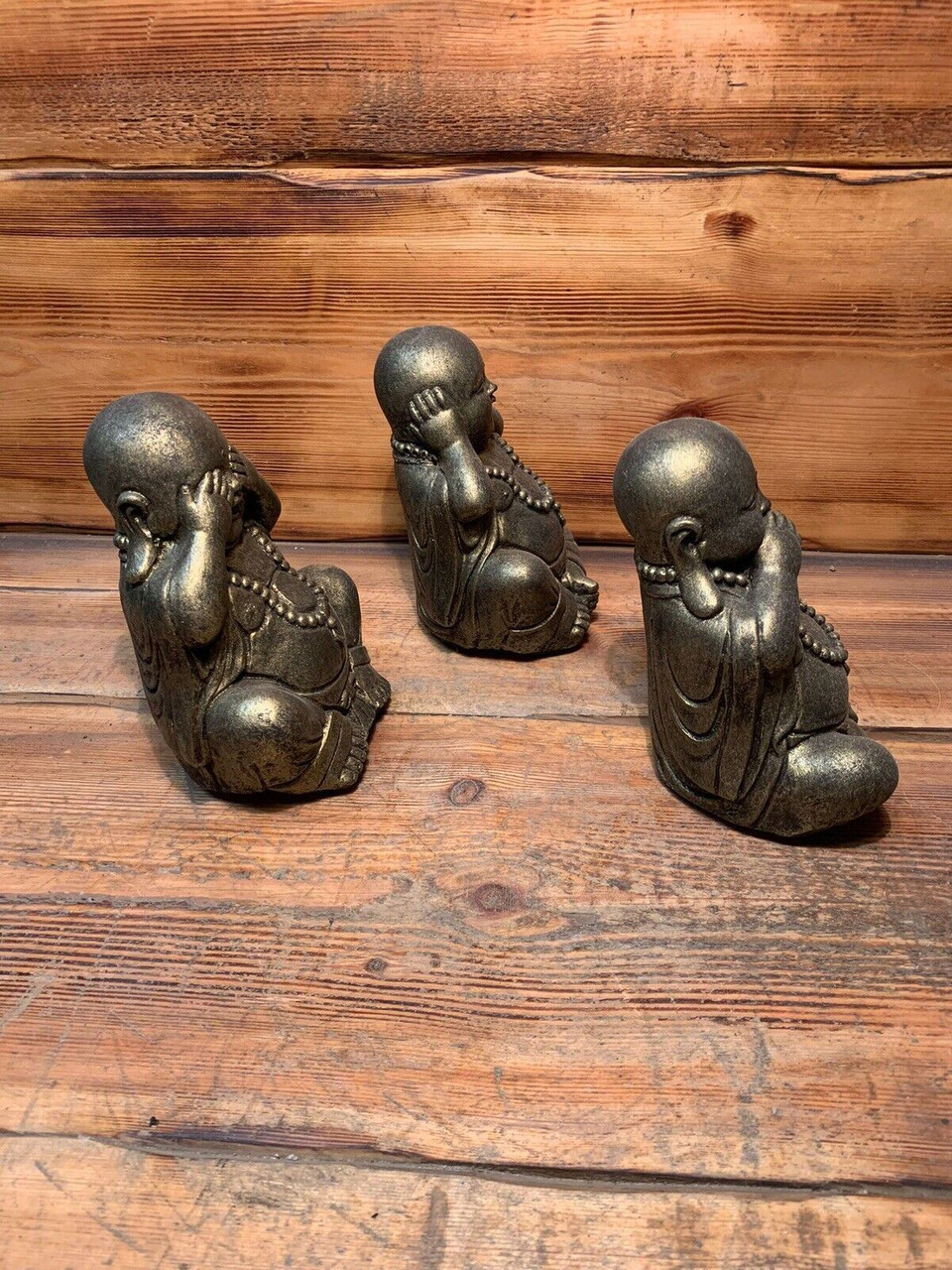 STONE GARDEN SET OF 3 GOLD HAPPY BUDDHA SEE HEAR SPEAK NO EVIL ORNAMENT