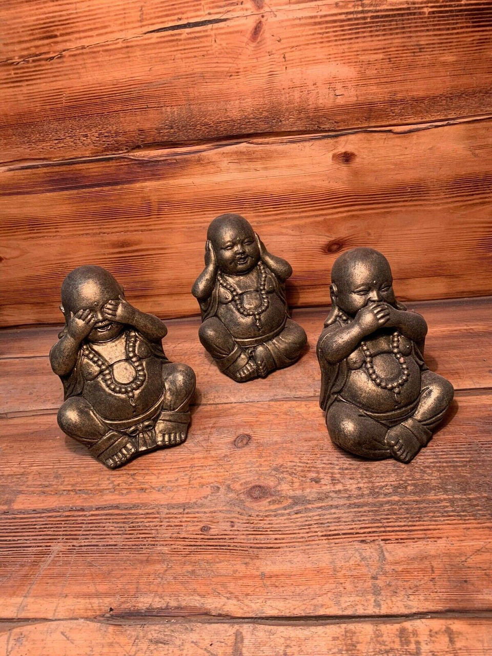 STONE GARDEN SET OF 3 GOLD HAPPY BUDDHA SEE HEAR SPEAK NO EVIL ORNAMENT