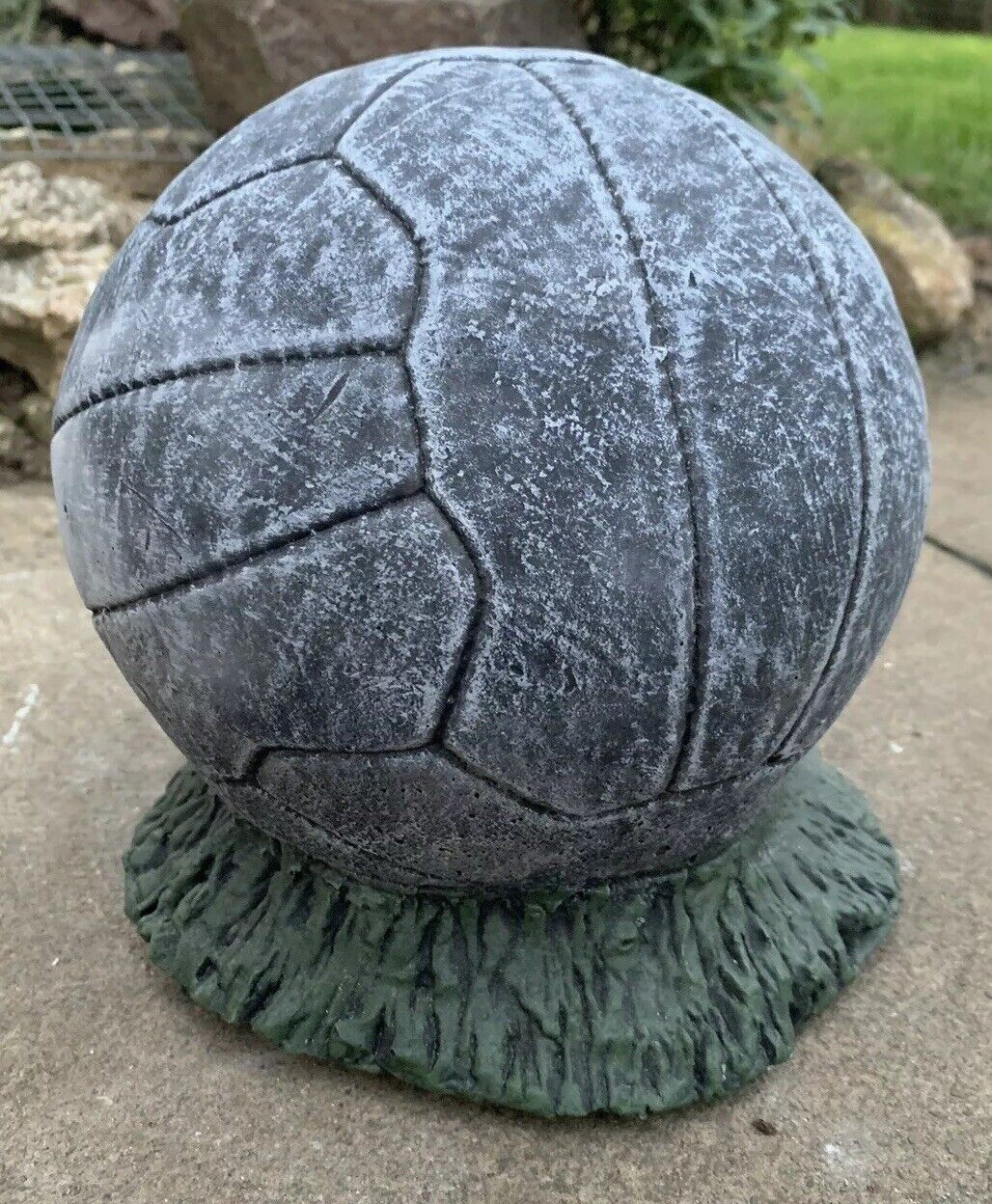 STONE GARDEN LIFE SIZE FOOTBALL ON GRASS STATUE PAINTED DETAILED ORNAMENT GIFT