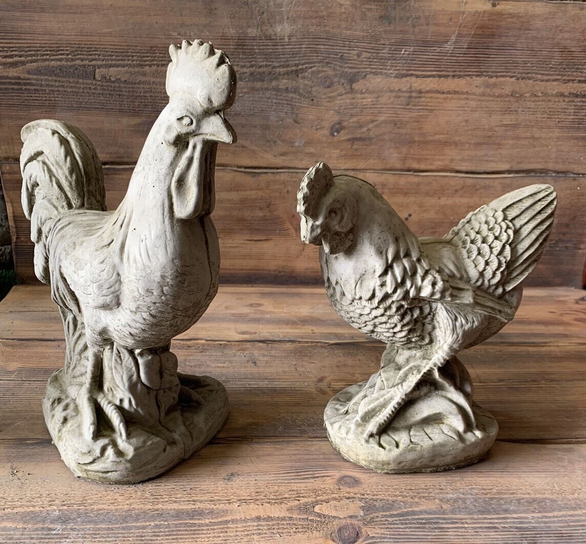 STONE GARDEN PAIR OF CHICKEN HEN AND COCKEREL ROOSTER ORNAMENTS 
