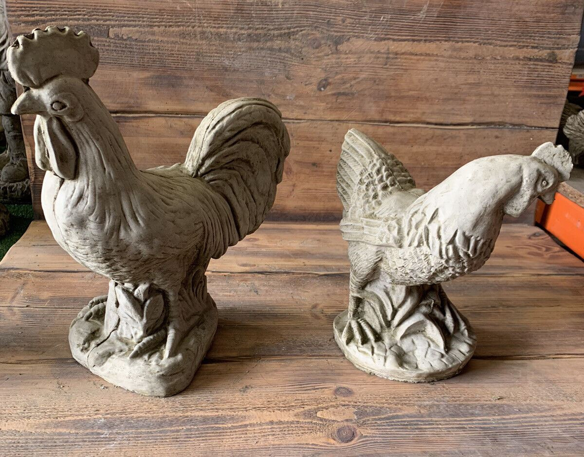 STONE GARDEN PAIR OF CHICKEN HEN AND COCKEREL ROOSTER ORNAMENTS 