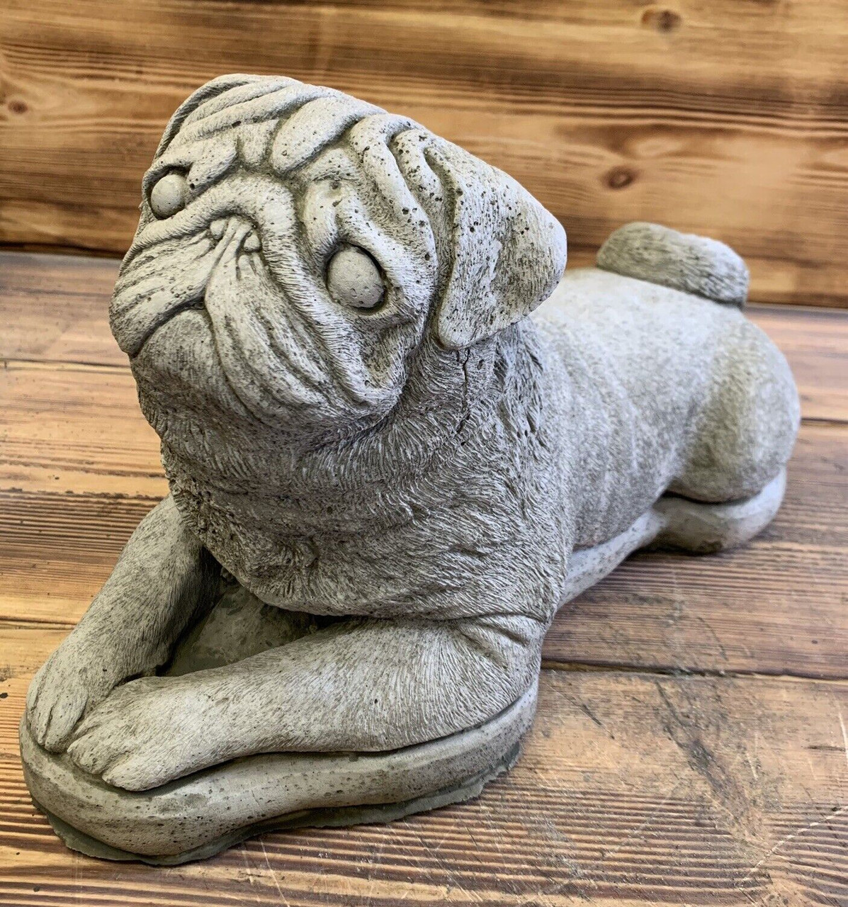 STONE GARDEN LARGE LAYING PUG ORNAMENT STATUE 