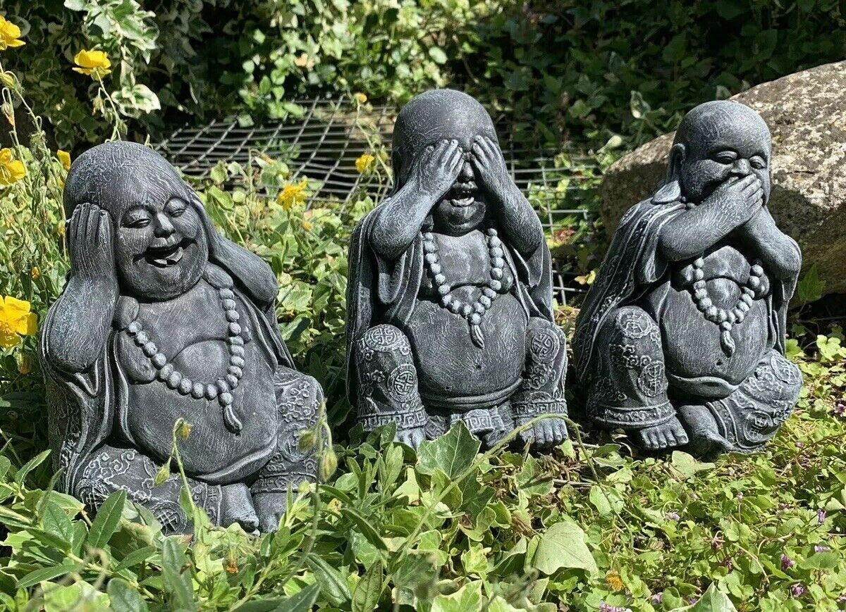 STONE GARDEN SET OF 3 HAPPY BUDDHA SEE HEAR SPEAK NO EVIL CONCRETE ORNAMENT 