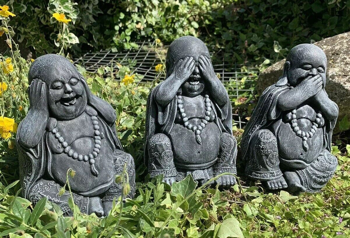 STONE GARDEN SET OF 3 HAPPY BUDDHA SEE HEAR SPEAK NO EVIL CONCRETE ORNAMENT 