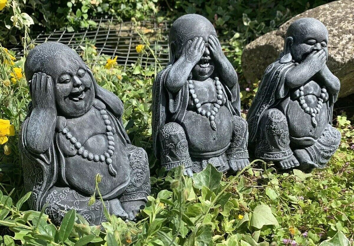 STONE GARDEN SET OF 3 HAPPY BUDDHA SEE HEAR SPEAK NO EVIL CONCRETE ORNAMENT 