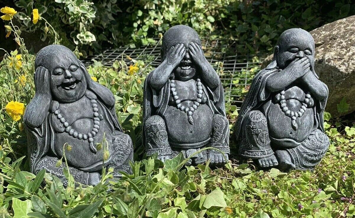 STONE GARDEN SET OF 3 HAPPY BUDDHA SEE HEAR SPEAK NO EVIL CONCRETE ORNAMENT 