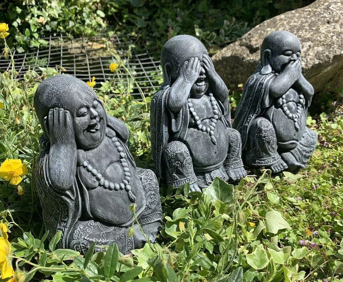 STONE GARDEN SET OF 3 HAPPY BUDDHA SEE HEAR SPEAK NO EVIL CONCRETE ORNAMENT 