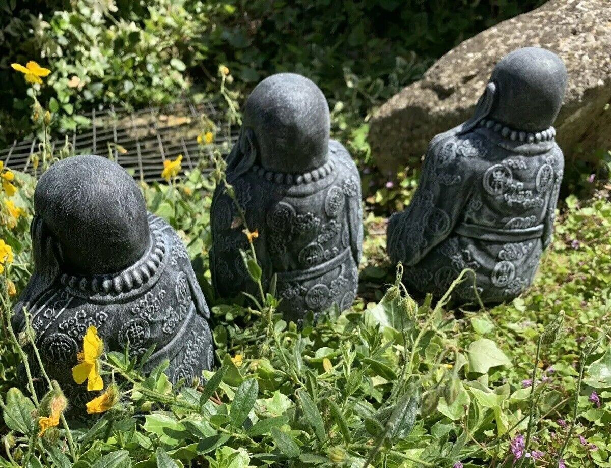 STONE GARDEN SET OF 3 HAPPY BUDDHA SEE HEAR SPEAK NO EVIL CONCRETE ORNAMENT 