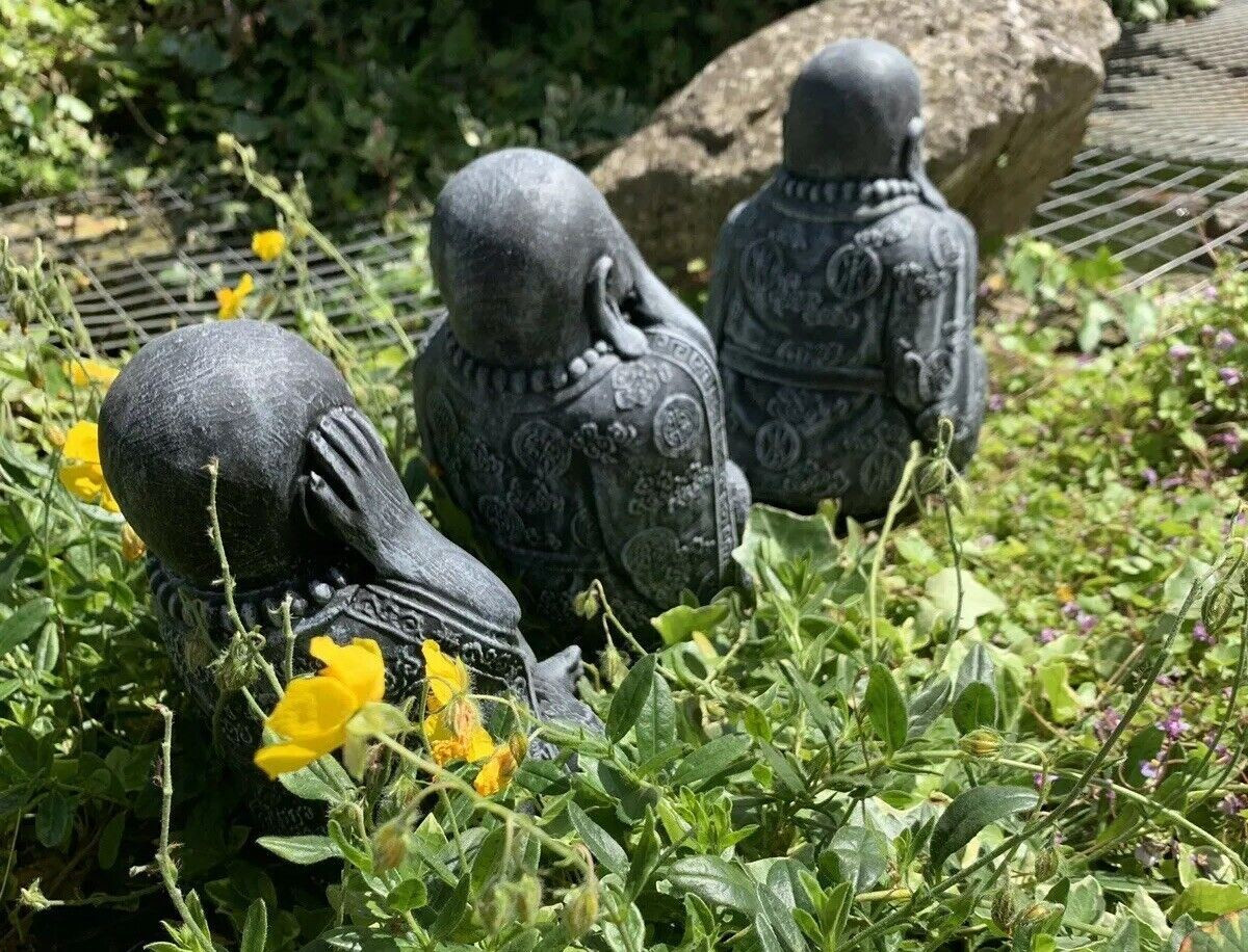 STONE GARDEN SET OF 3 HAPPY BUDDHA SEE HEAR SPEAK NO EVIL CONCRETE ORNAMENT 