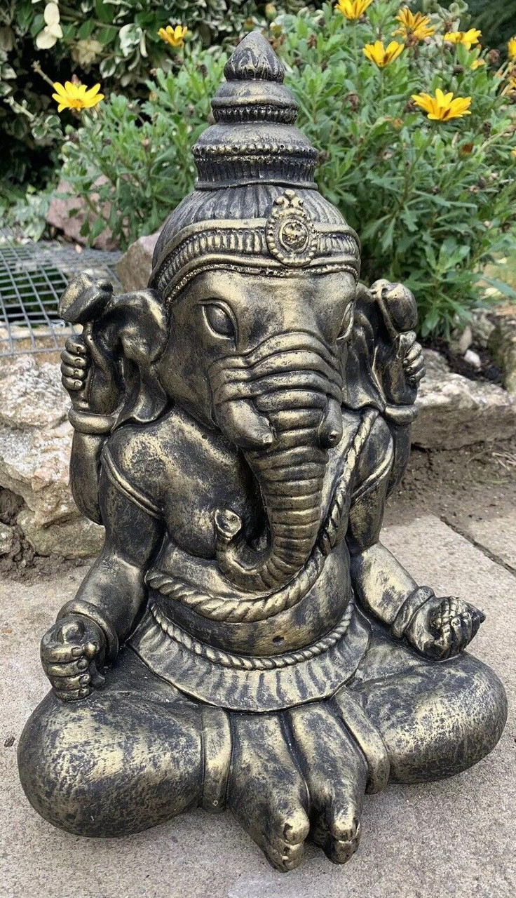 STONE GARDEN LARGE GOLD GANESH BUDDHA ELEPHANT PRAYING STATUE ORNAMENT