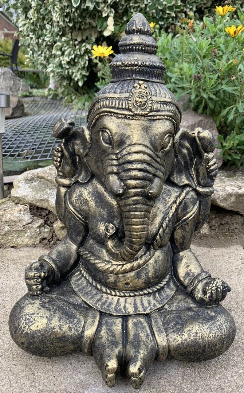 STONE GARDEN LARGE GOLD GANESH BUDDHA ELEPHANT PRAYING STATUE ORNAMENT