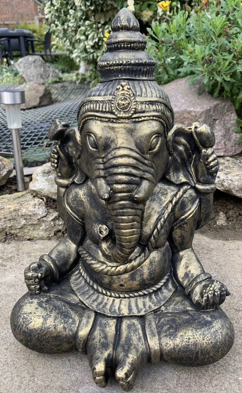 STONE GARDEN LARGE GOLD GANESH BUDDHA ELEPHANT PRAYING STATUE ORNAMENT