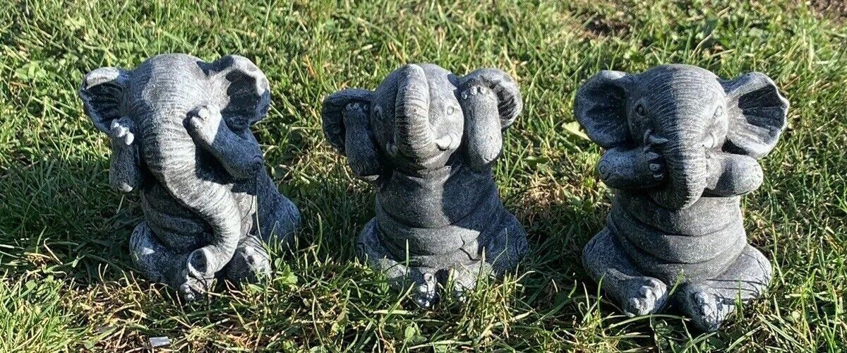 STONE GARDEN SET OF 3 WISE CHEEKY ELEPHANT SEE HEAR SPEAK NO EVIL ORNAMENT