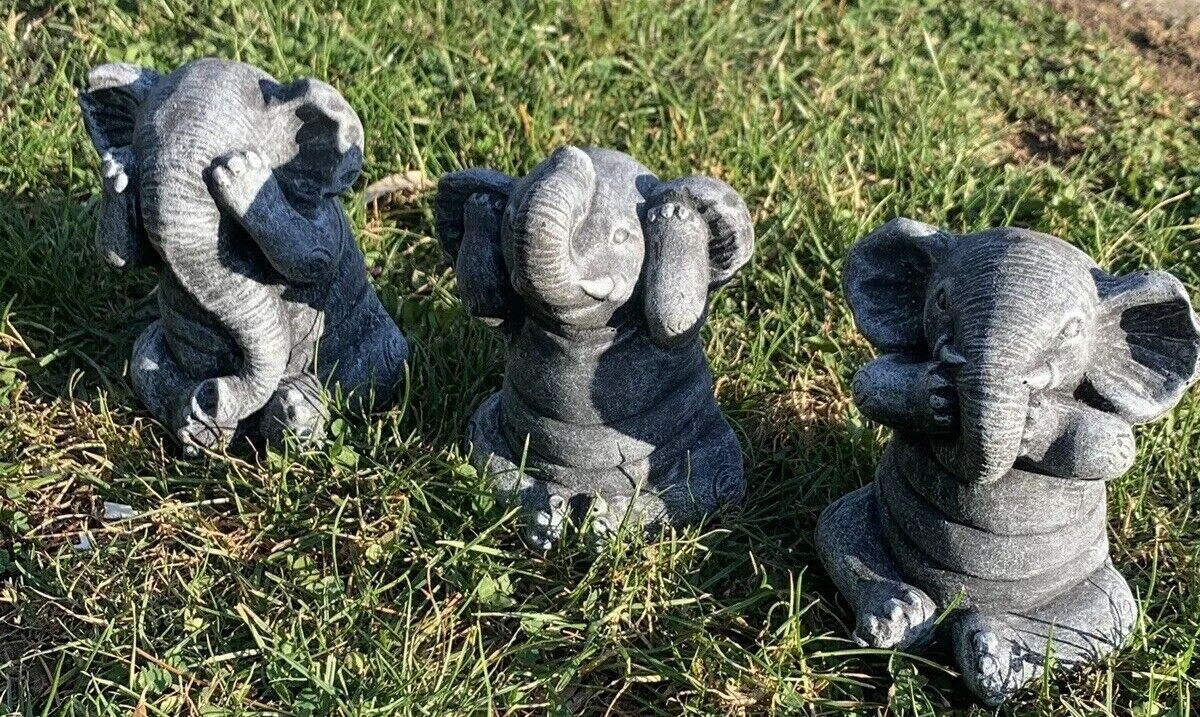 STONE GARDEN SET OF 3 WISE CHEEKY ELEPHANT SEE HEAR SPEAK NO EVIL ORNAMENT