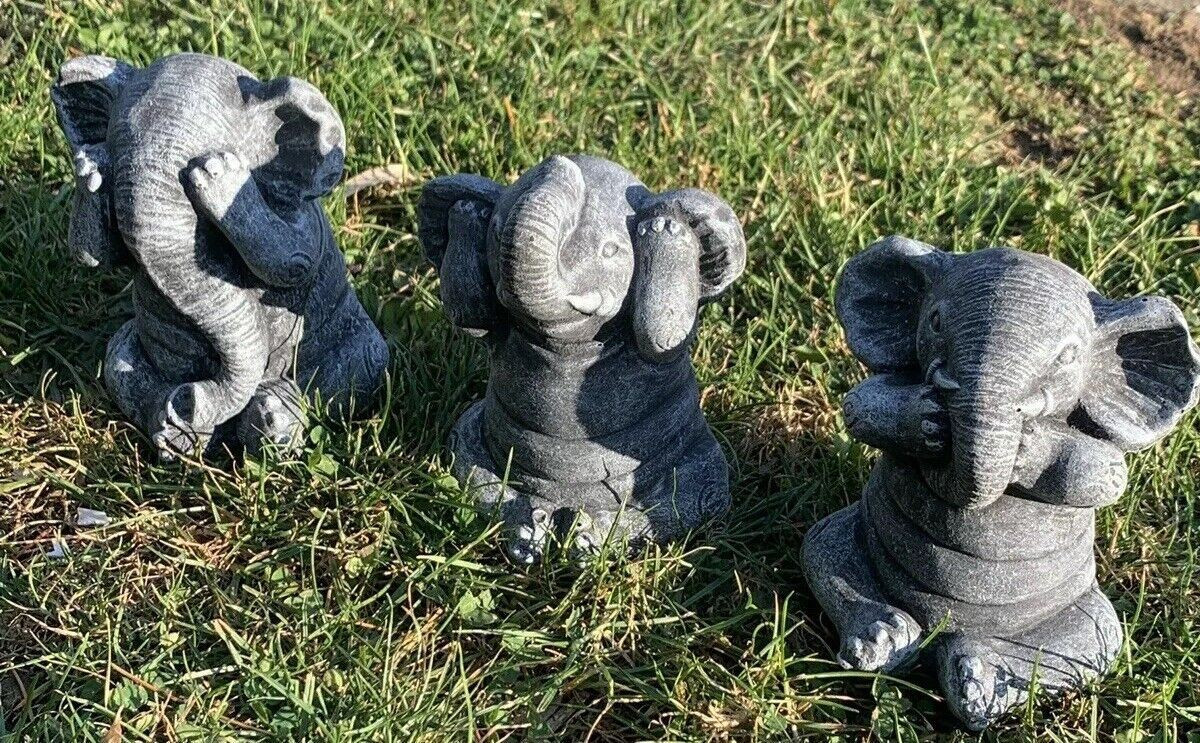 STONE GARDEN SET OF 3 WISE CHEEKY ELEPHANT SEE HEAR SPEAK NO EVIL ORNAMENT