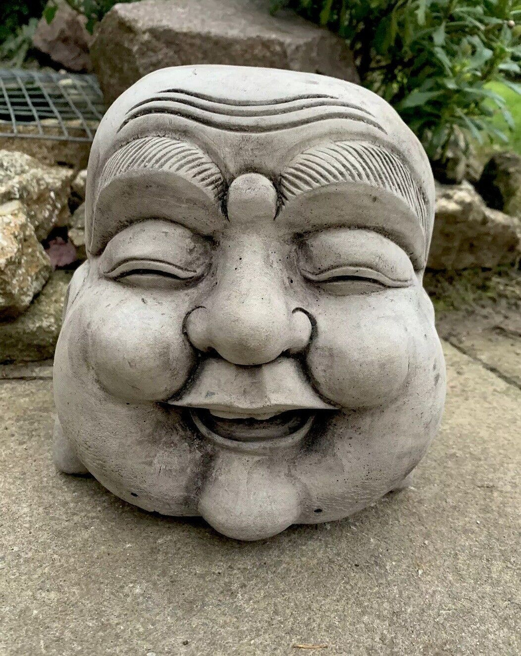 STONE GARDEN HAPPY SMILING BUDDHA HEAD STATUE DETAILED ORNAMENT GIFT