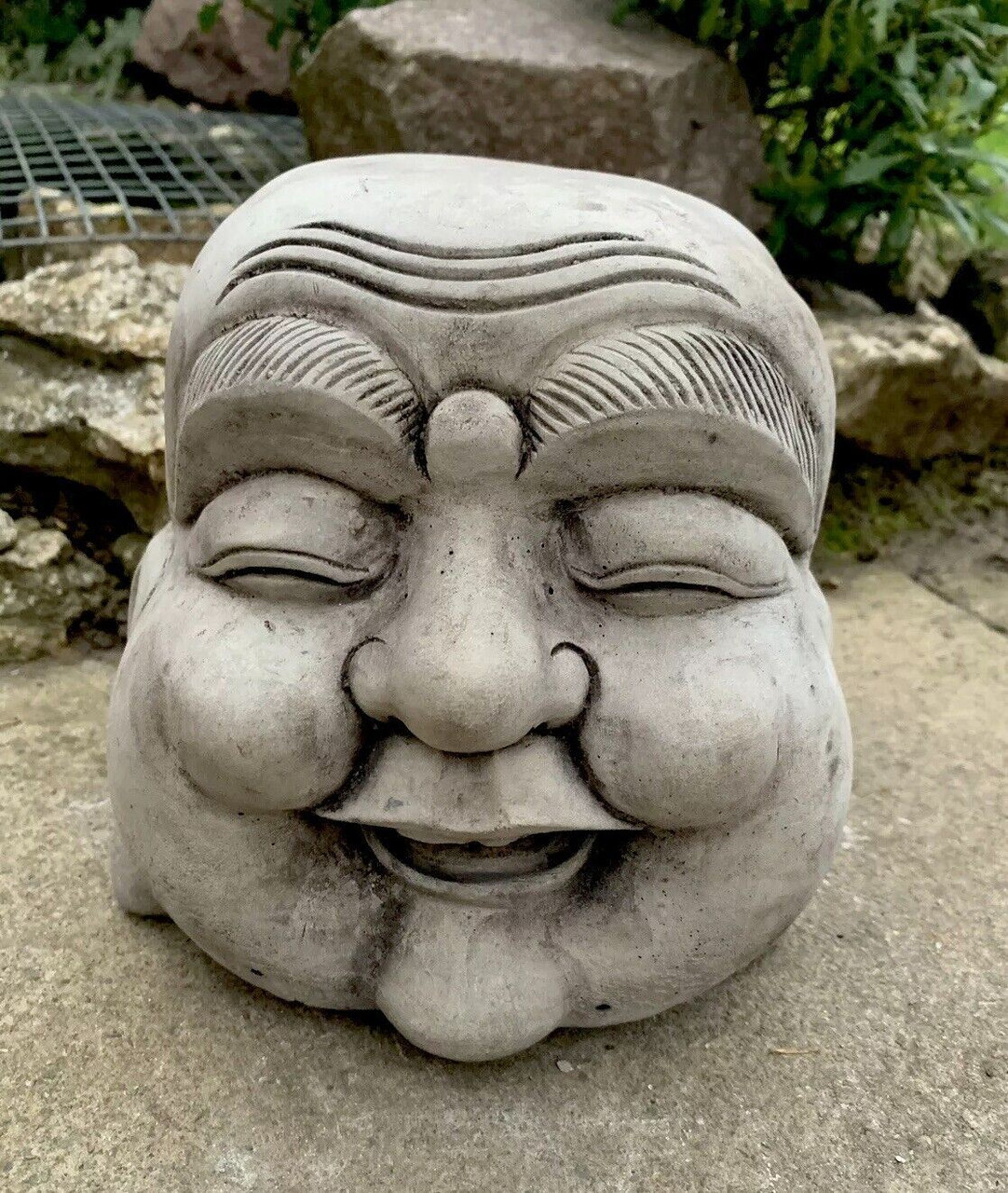 STONE GARDEN HAPPY SMILING BUDDHA HEAD STATUE DETAILED ORNAMENT GIFT