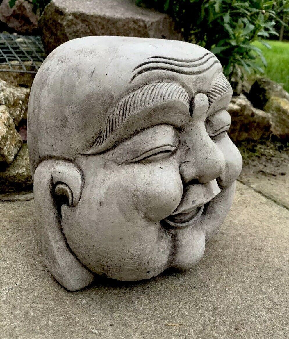 STONE GARDEN HAPPY SMILING BUDDHA HEAD STATUE DETAILED ORNAMENT GIFT