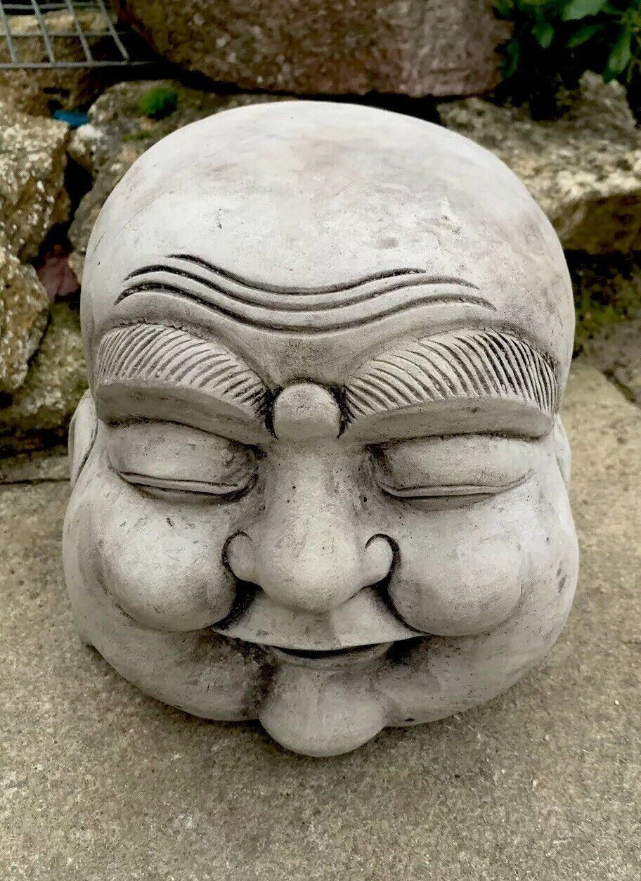 STONE GARDEN HAPPY SMILING BUDDHA HEAD STATUE DETAILED ORNAMENT GIFT