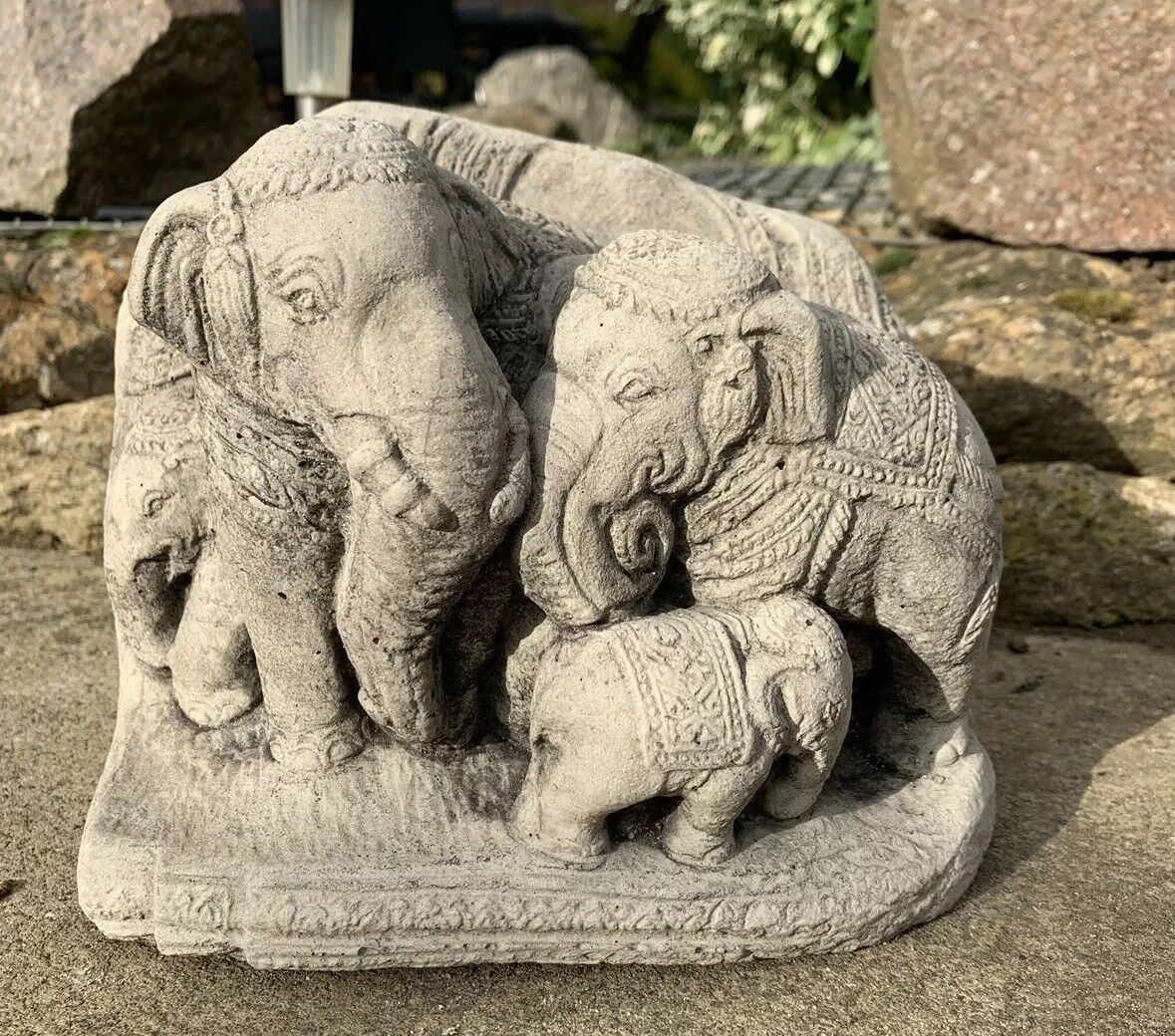 STONE GARDEN THAI ELEPHANT FAMILY GANESH INDIAN CUTE ORNAMENT 