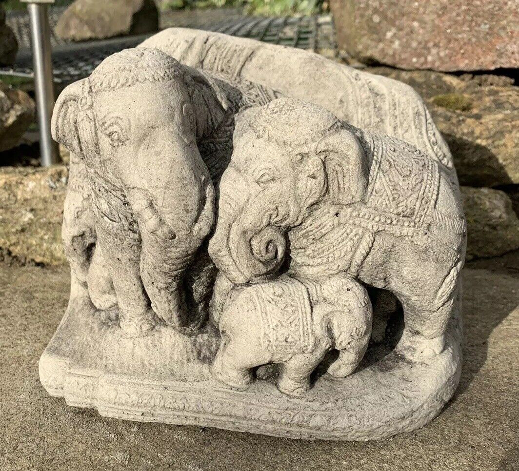 STONE GARDEN THAI ELEPHANT FAMILY GANESH INDIAN CUTE ORNAMENT 