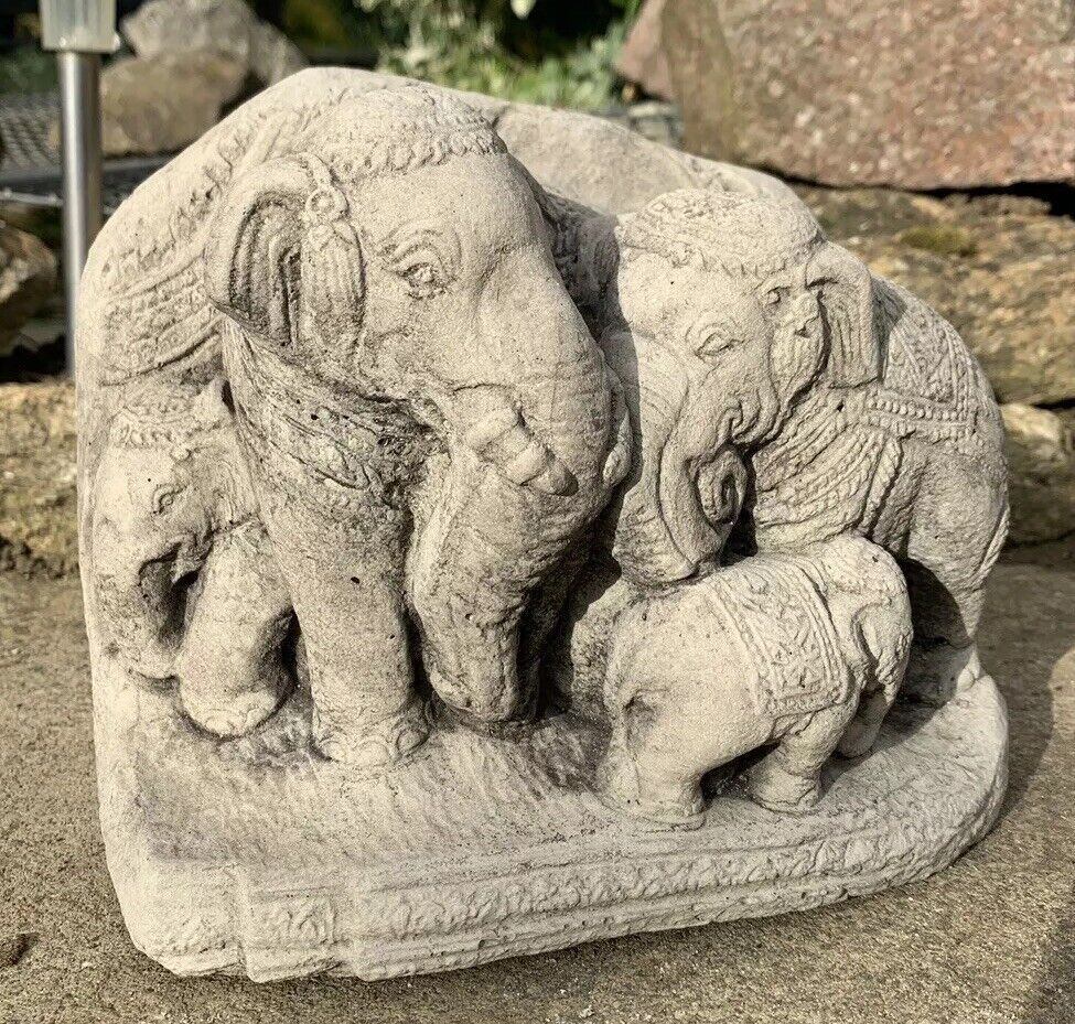 STONE GARDEN THAI ELEPHANT FAMILY GANESH INDIAN CUTE ORNAMENT 