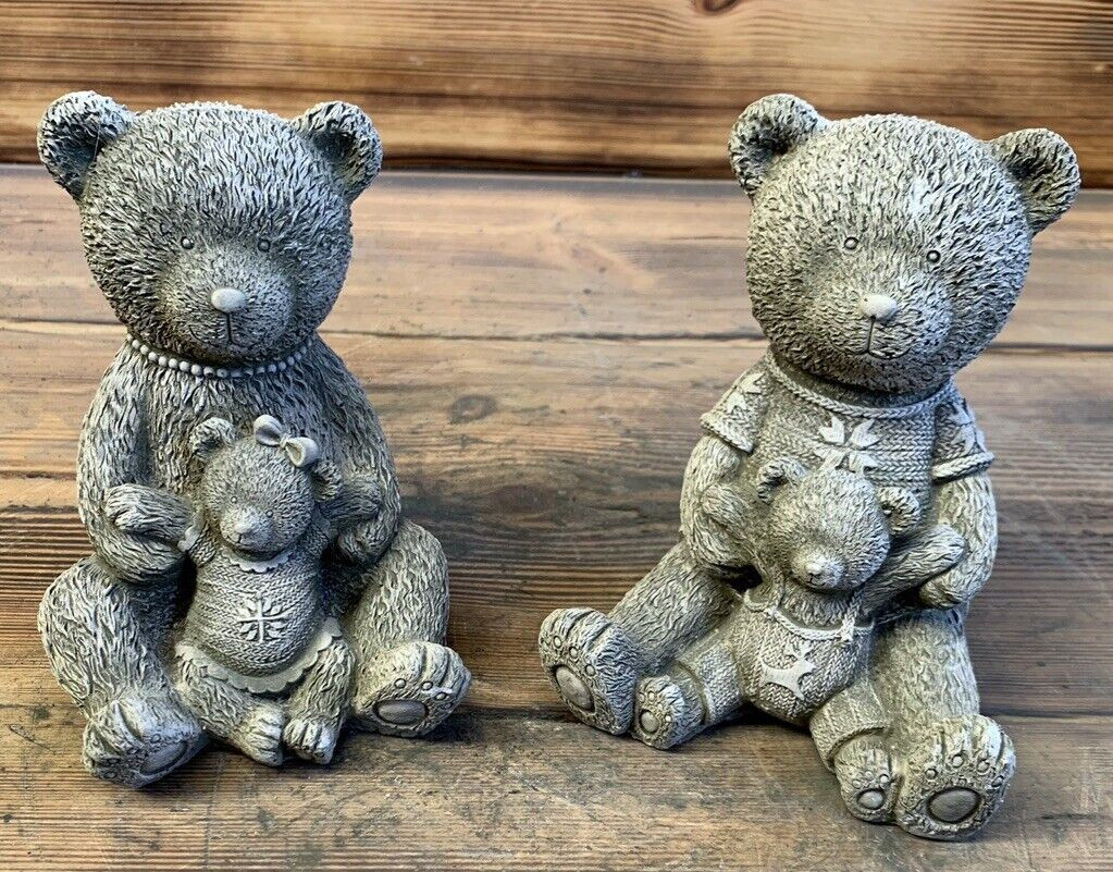 STONE GARDEN PAIR OF CUTE TEDDY BEAR STATUE ORNAMENTS