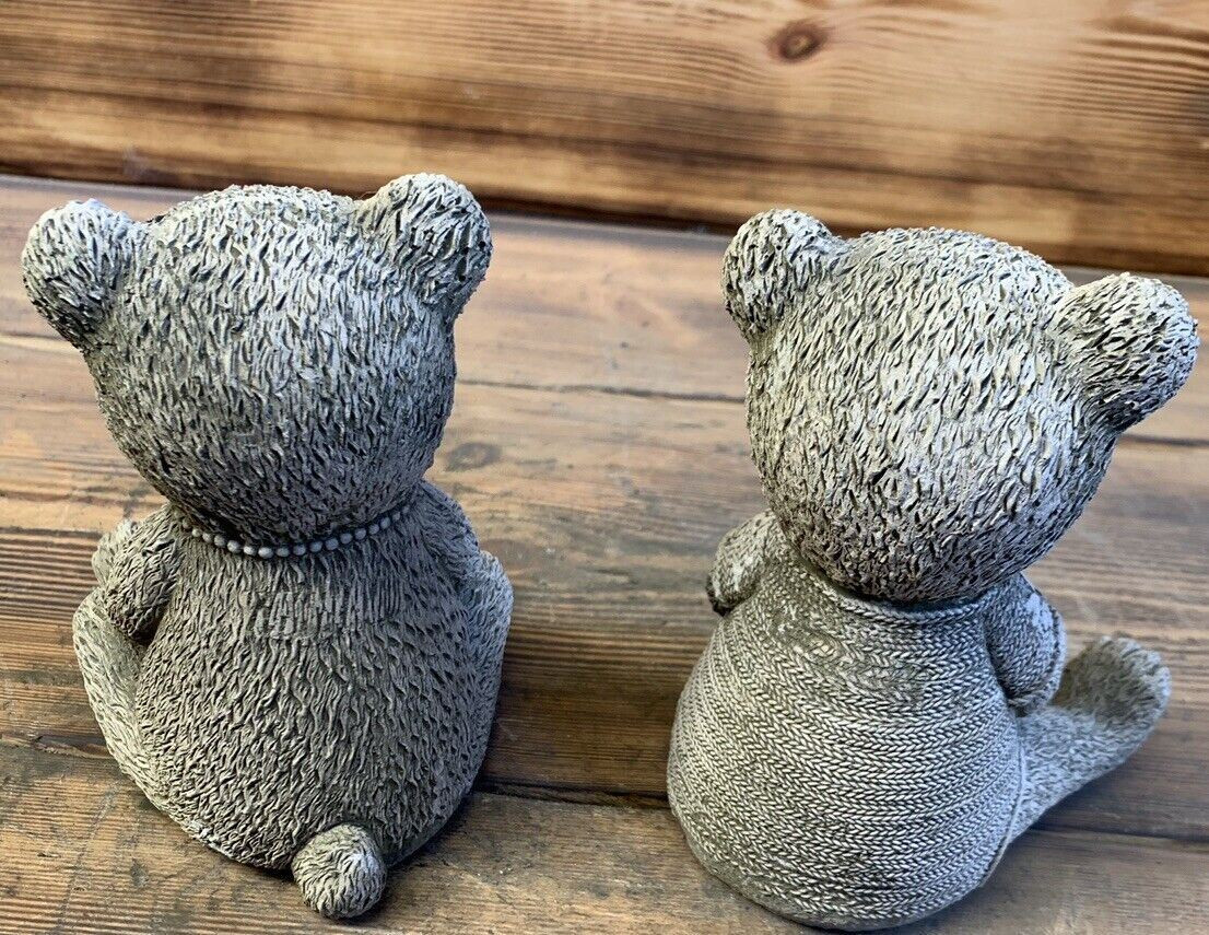 STONE GARDEN PAIR OF CUTE TEDDY BEAR STATUE ORNAMENTS