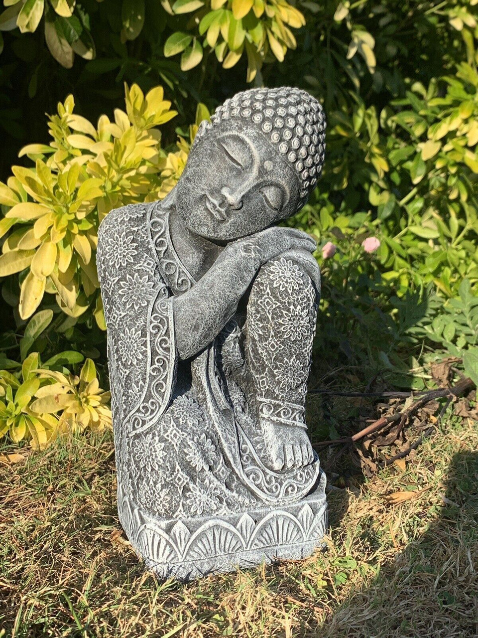 STONE GARDEN SLEEPING WELSH BUDDHA STATUE HAND CAST ORNAMENT HIGHLIGHTED