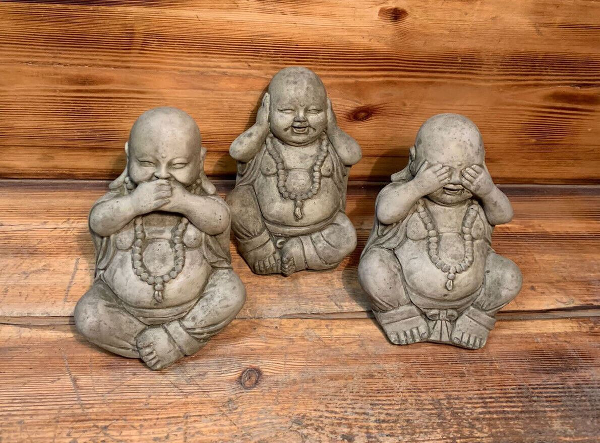 STONE GARDEN SET OF 3 HAPPY BUDDHA SEE HEAR SPEAK NO EVIL ORNAMENT