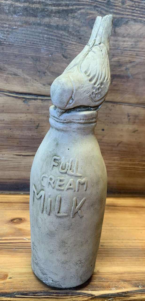 STONE GARDEN BIRD ON A MILK BOTTLE STATUE ORNAMENT