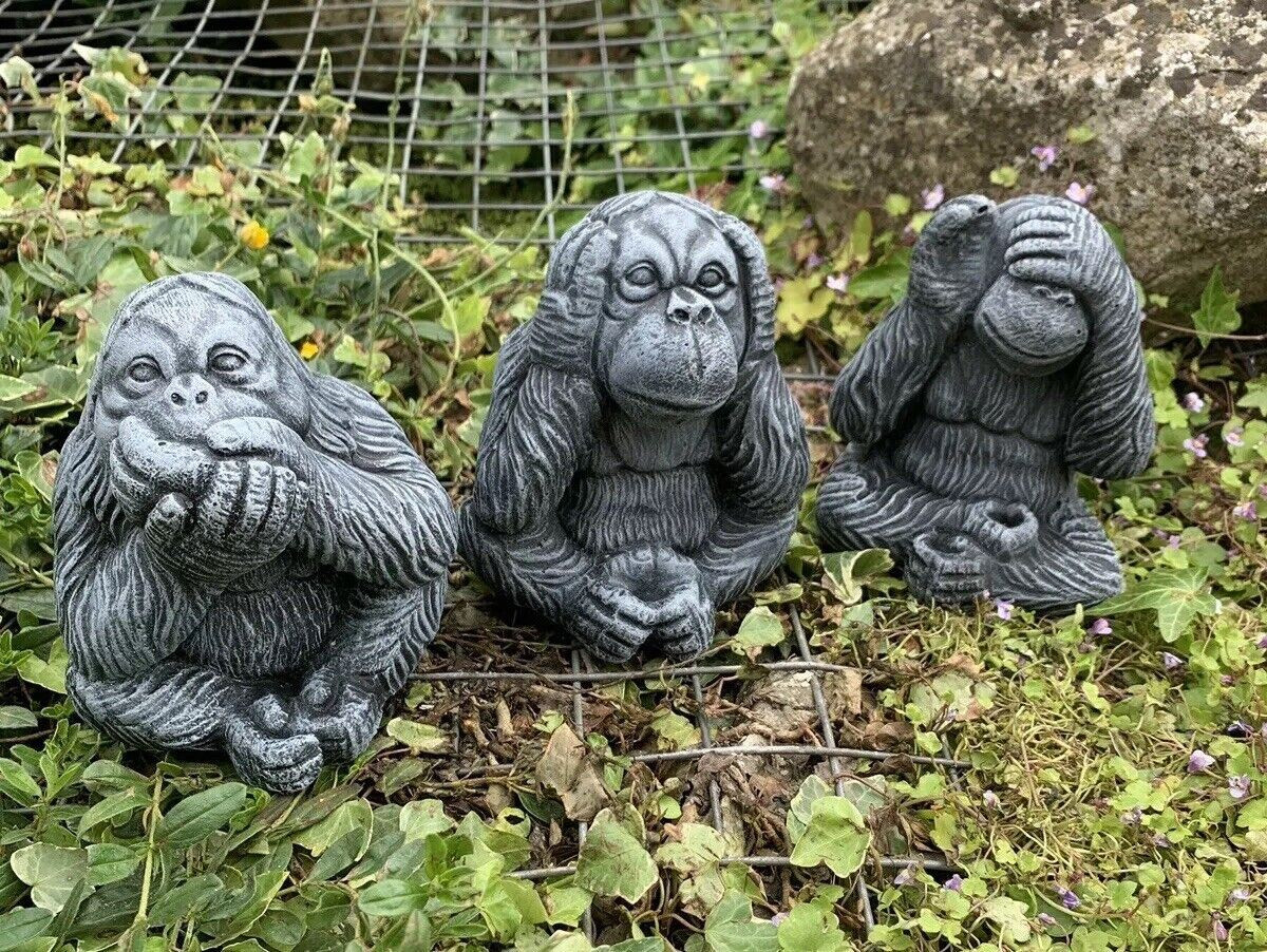 STONE GARDEN SET OF 3 HEAR, SEE, SPEAK ORANGUTAN CUTE MONKEY CONCRETE ORNAMENT