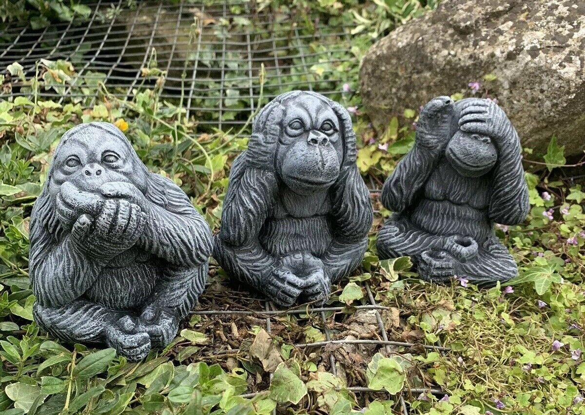 STONE GARDEN SET OF 3 HEAR, SEE, SPEAK ORANGUTAN CUTE MONKEY CONCRETE ORNAMENT