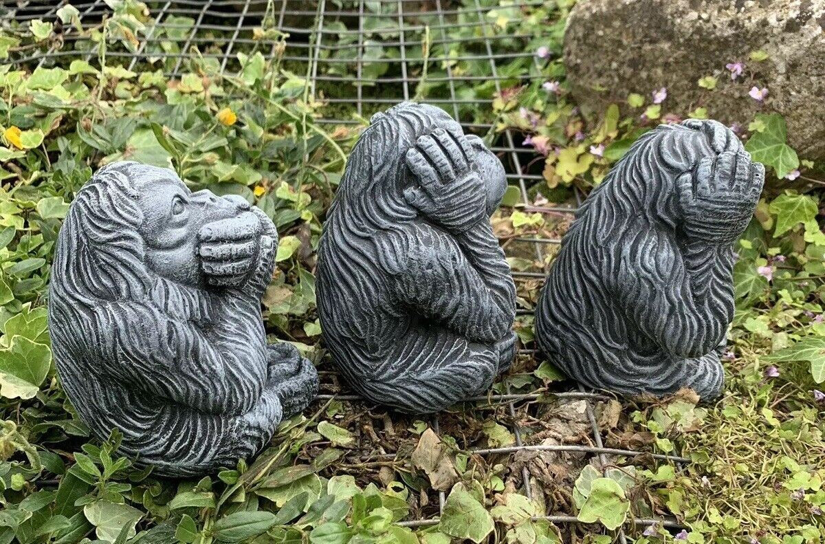 STONE GARDEN SET OF 3 HEAR, SEE, SPEAK ORANGUTAN CUTE MONKEY CONCRETE ORNAMENT