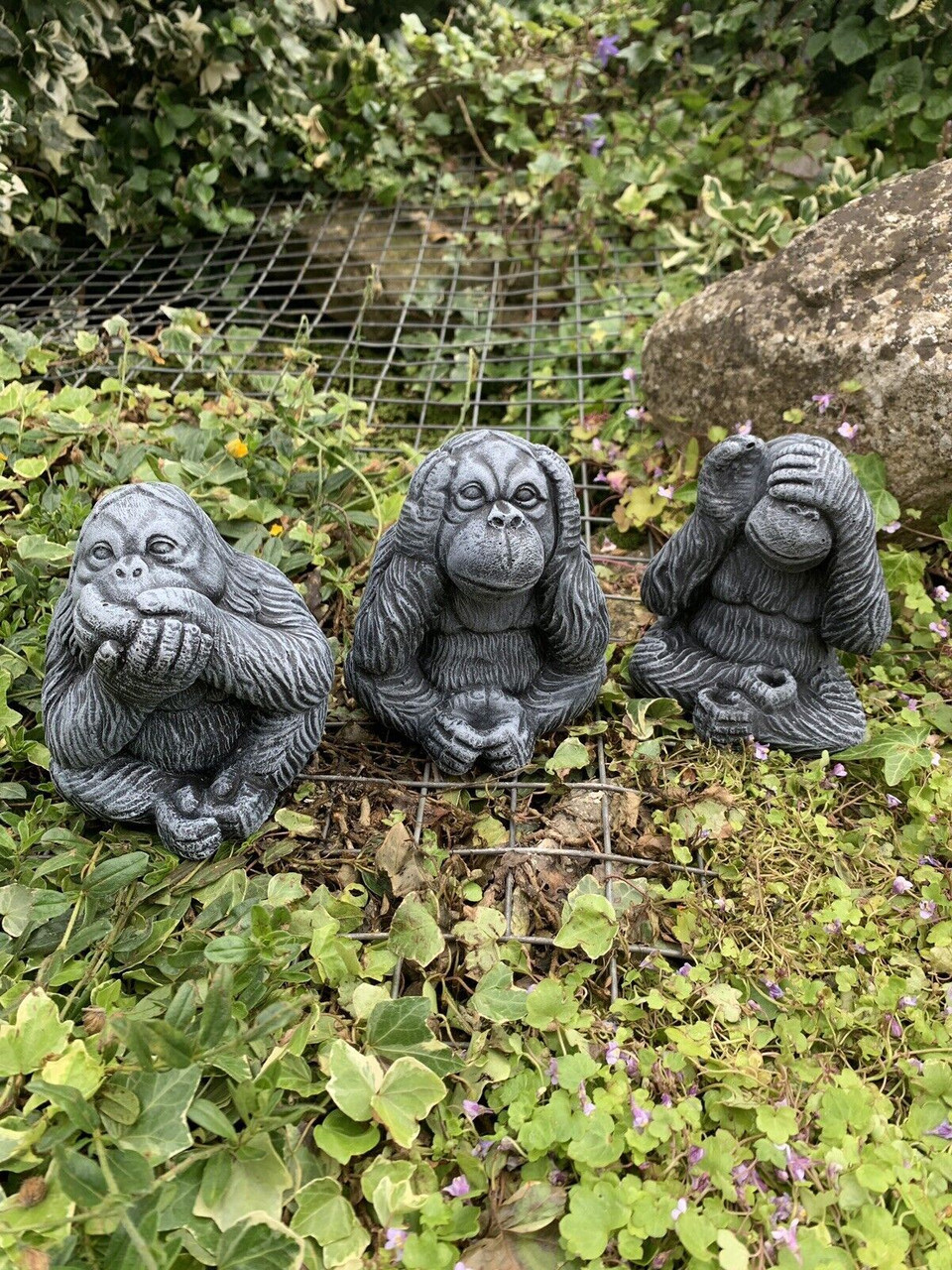 STONE GARDEN SET OF 3 HEAR, SEE, SPEAK ORANGUTAN CUTE MONKEY CONCRETE ORNAMENT