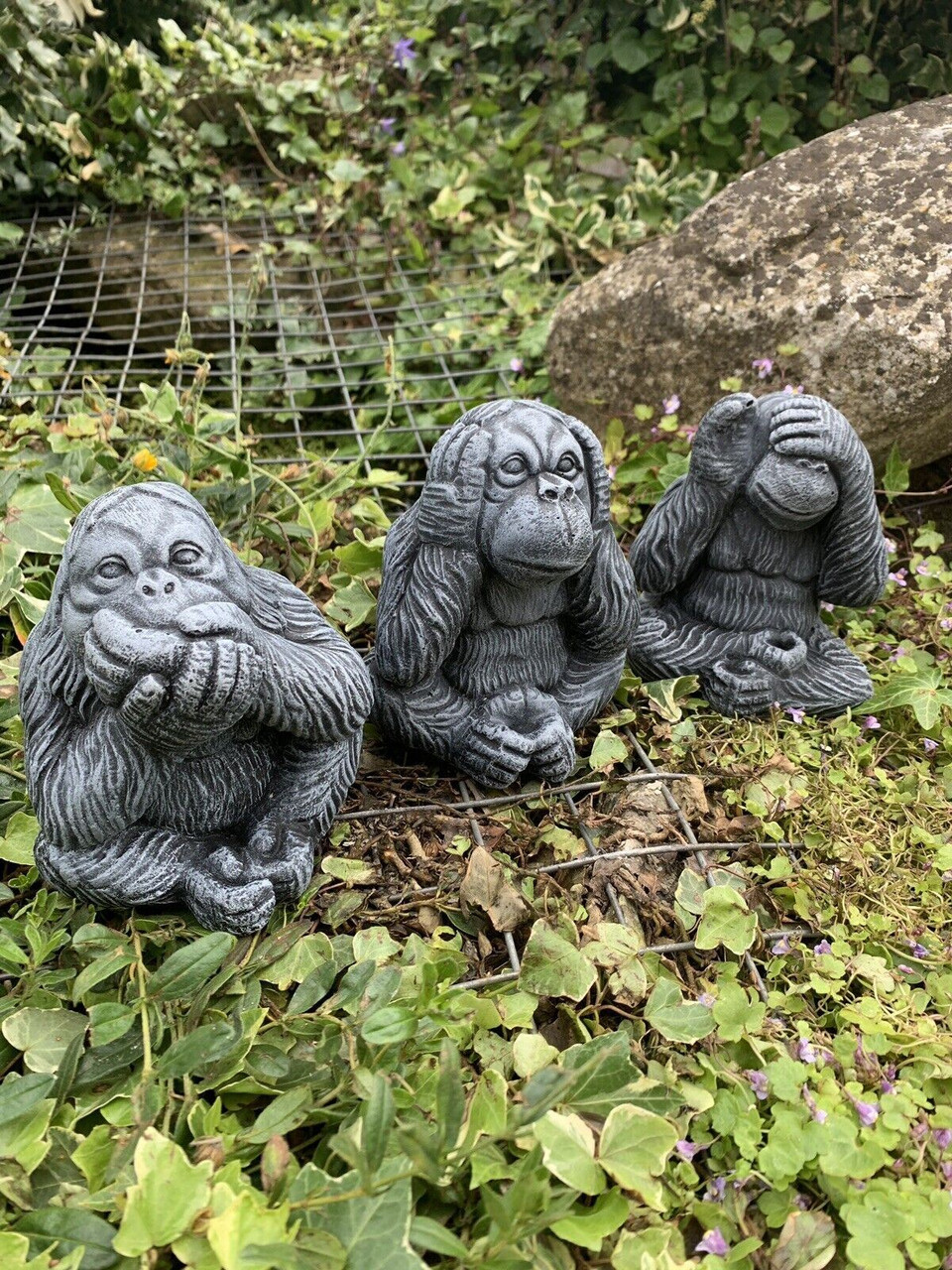 STONE GARDEN SET OF 3 HEAR, SEE, SPEAK ORANGUTAN CUTE MONKEY CONCRETE ORNAMENT