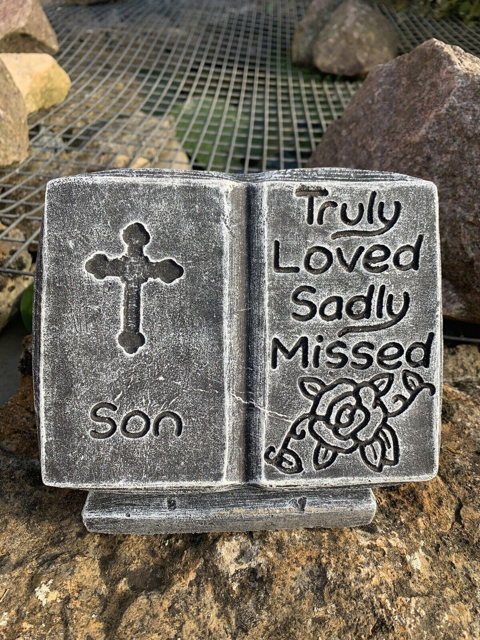 STONE GARDEN SON TRULY LOVED SADLY MISSED MEMORIAL PLAQUE CONCRETE ORNAMENT