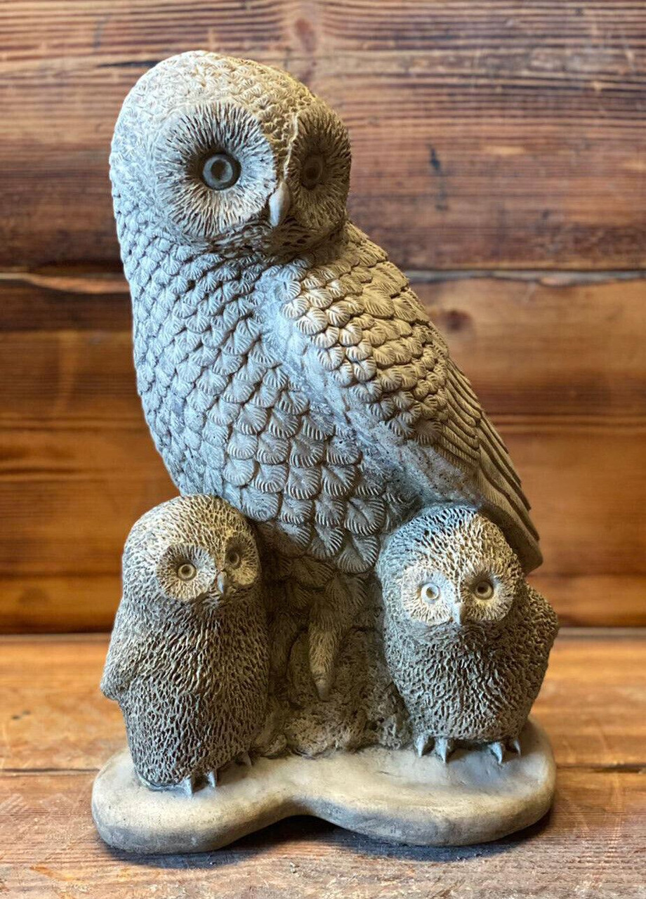 STONE GARDEN LARGE OWL FAMILY WILDLIFE GIFT CONCRETE STATUE ORNAMENT