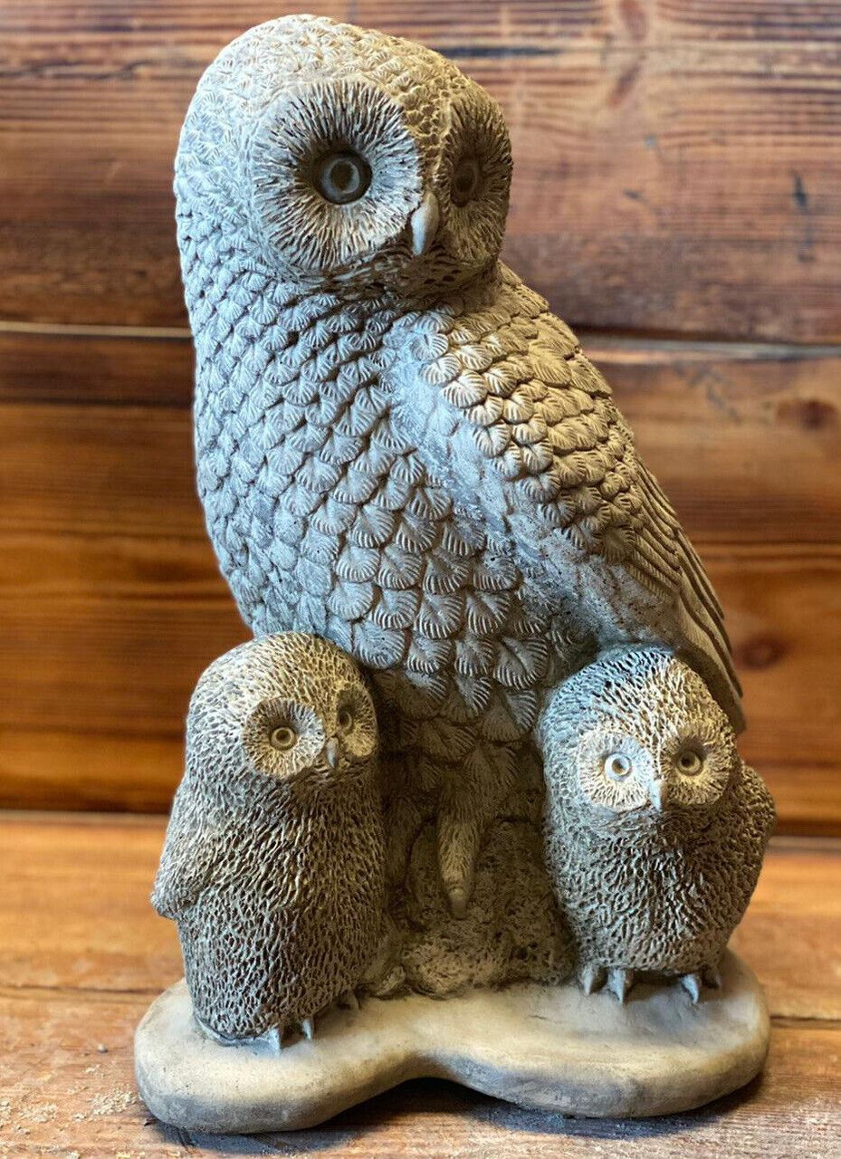 STONE GARDEN LARGE OWL FAMILY WILDLIFE GIFT CONCRETE STATUE ORNAMENT